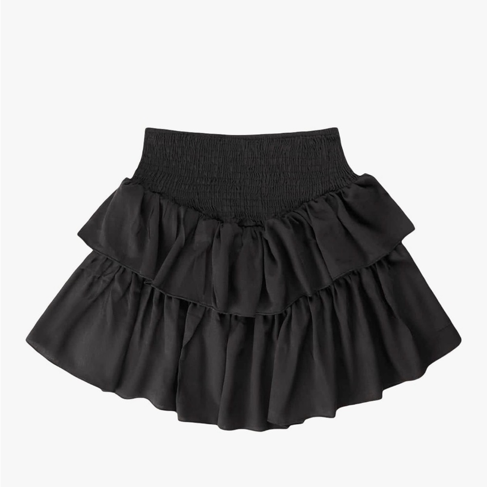 Chic Black Layered Ruffle Mini Skirt, ruched waist